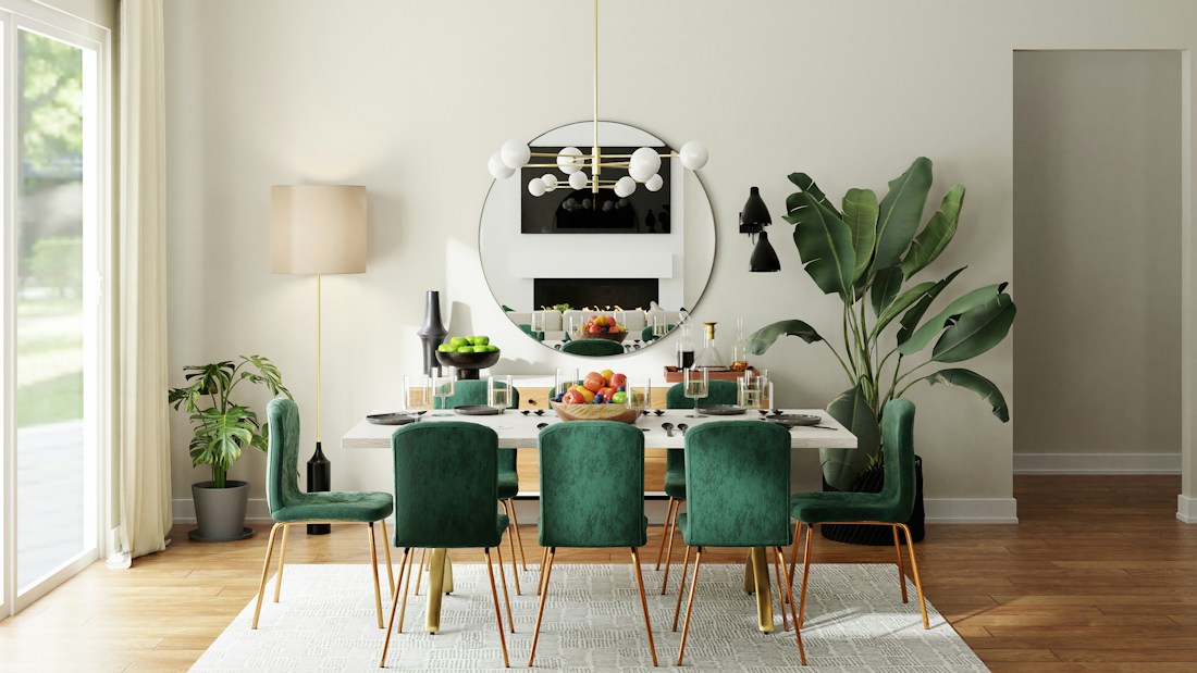 Dining room inspiration with green upholstered chairs and natural wood